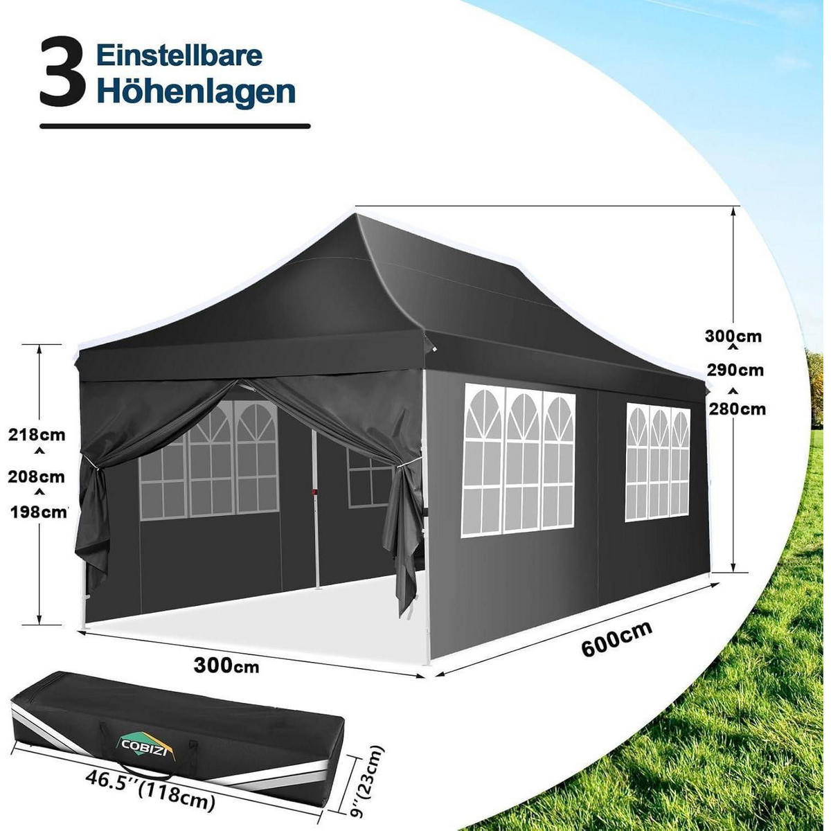 FALTPAVILLON 3 x 6 m Schwarz Wasserdicht UV50+ - Schwarz, Textil (300/300/600cm)