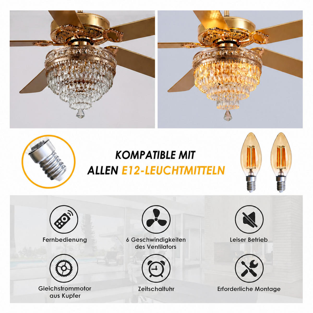 DECKENVENTILATOR Goldfarben 132 cm mit Kristallleuchte und Fernbedienung - Goldfarben, Metall (132.1/132.1/59.9cm)