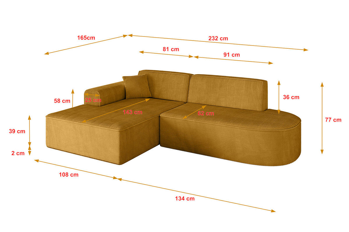 ECKSOFA Ottomane Links IREA-L1-v3 - 232x165x77 cm Senfgelb - Grün, Holzwerkstoff/Textil (232/165cm) - ALTDECOR