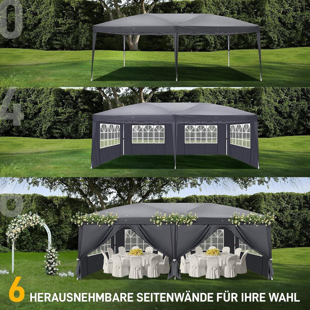 FALTPAVILLON 3 x 6 m Anthrazit Wasserdicht UV-Schutz Höhenverstellbar - Anthrazit, Textil (300/268/600cm)