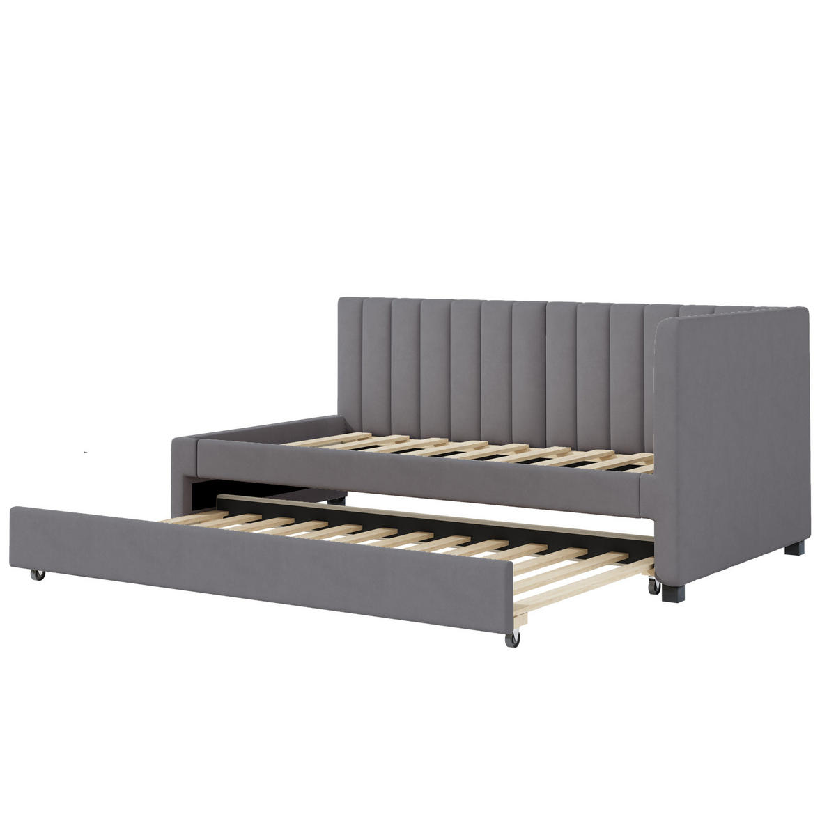 SAMT-POLSTERBETT 90/200 cm mit ausziehbarem Unterbett und Lattenrost - Grau, Textil (90/200cm) - BEAOK