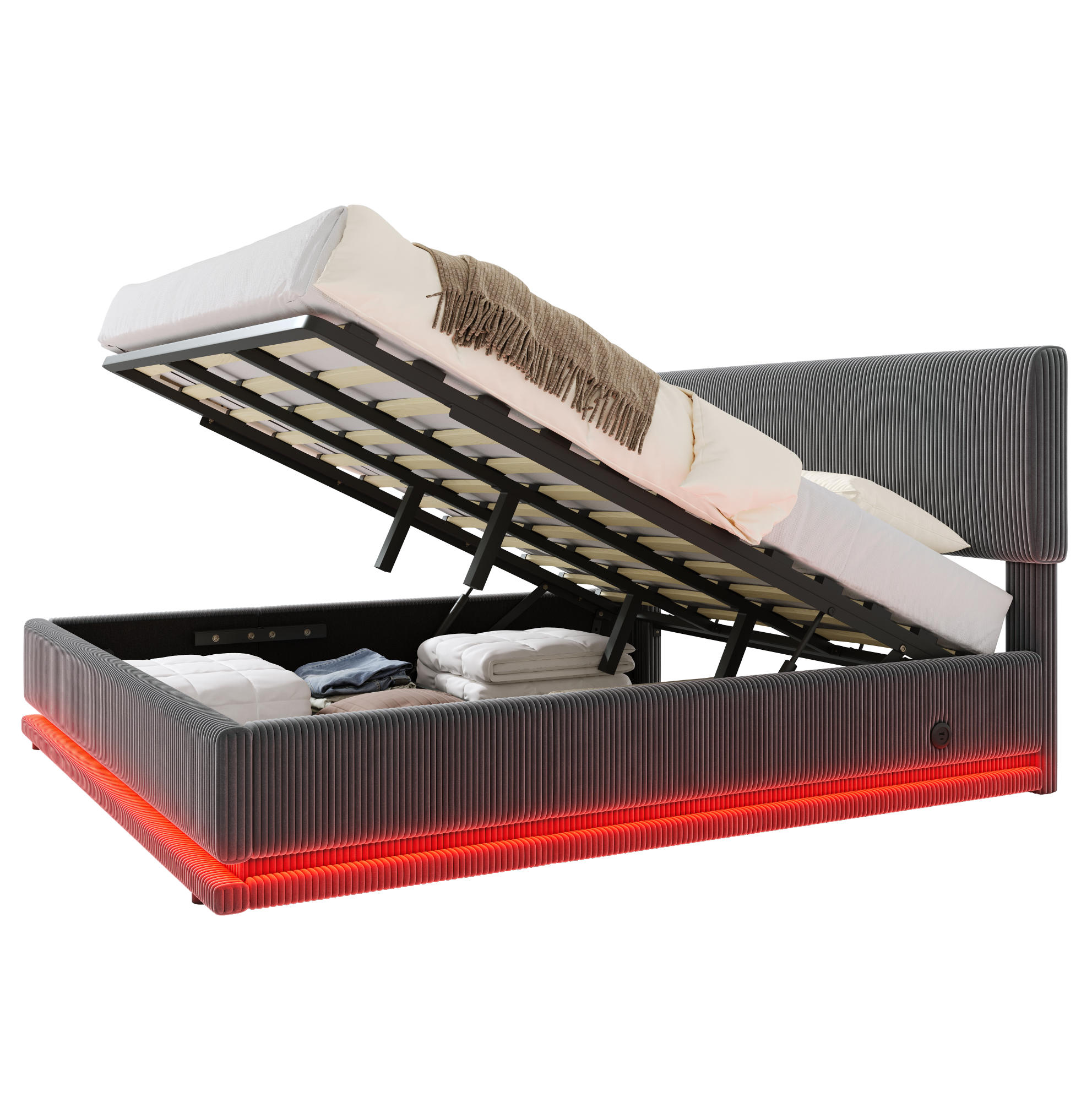 POLSTERBETT 180/200 cm mit LED-Beleuchtung, USB-C-Anschluss, verstellbarem Kopfteil und Bettkasten, Dunkelgrau - Dunkelgrau, Textil (180/200cm) - Redom