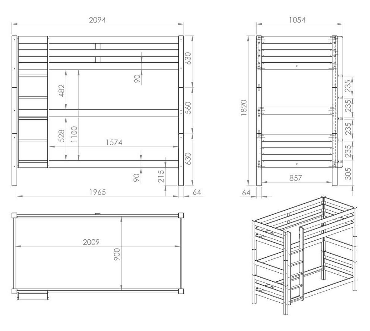 ETAGENBETT Karolina 210x182x105 aus Massivholz in grau - Grau, Holz (90/200cm) - 58aufmkessel