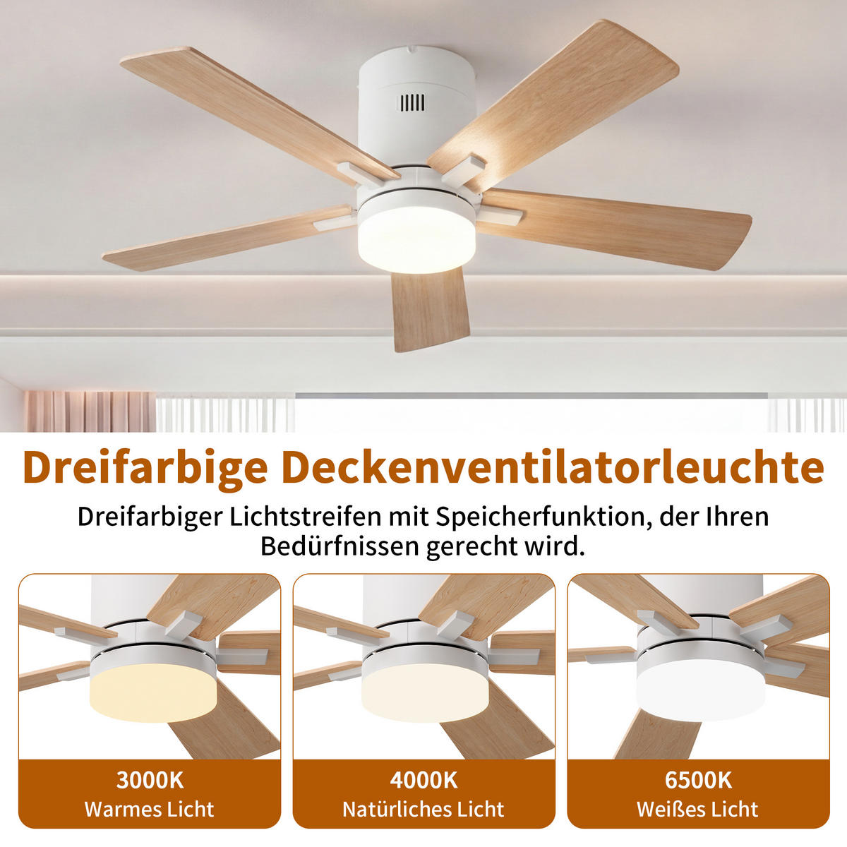 STROPNI ventilator z LED lučko, 106,6 cm, 5 lesenih lopatic, 6 hitrosti in časovnik - naravne barve, kovina (106.6/106.6/28cm) - EuroLiving
