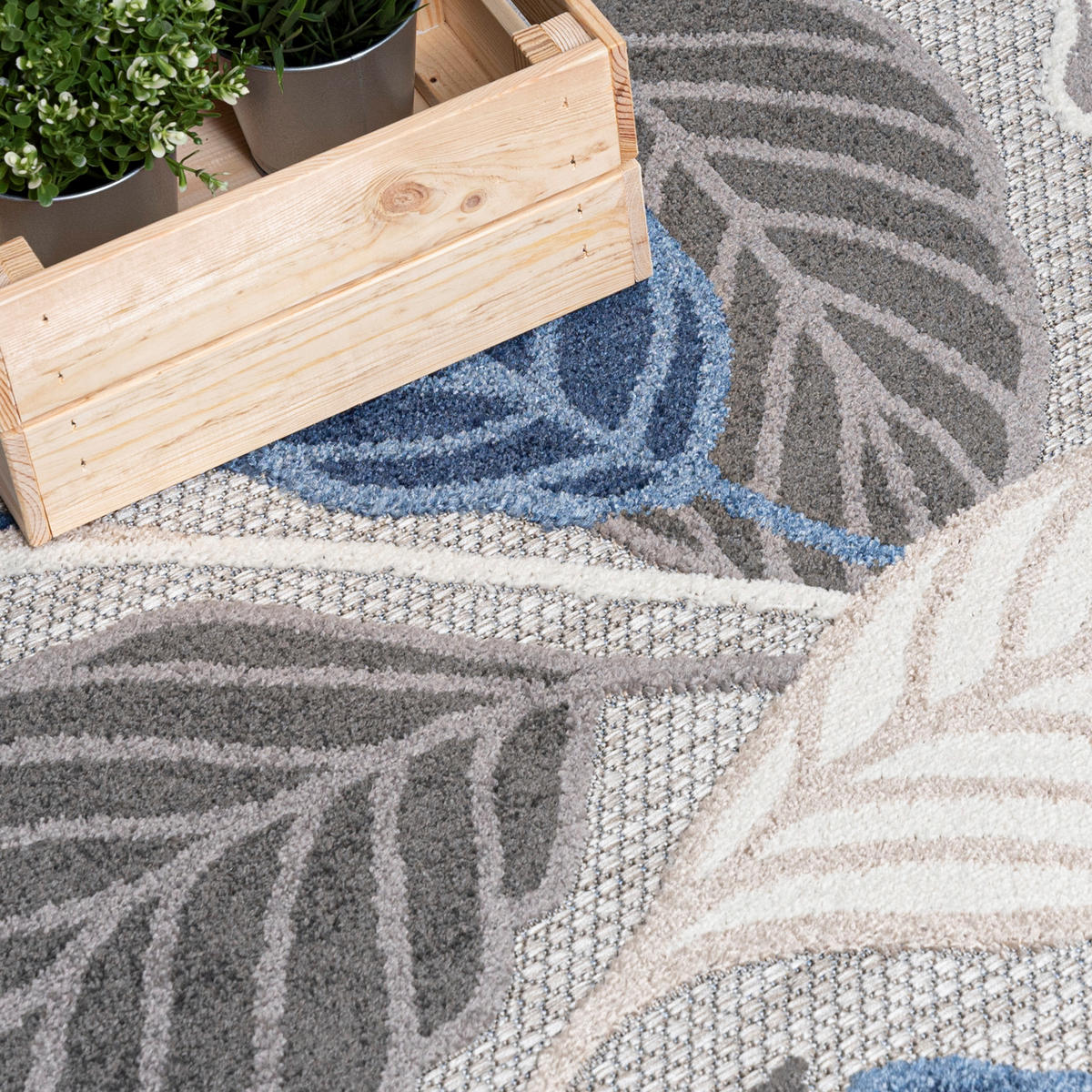 TEPPICH Outdoor Blue Grey Pflanzlich Laub Kurzflor Rechteckig- 120x170 cm - Dunkelgrau, Textil (120/170cm) - Mazovia