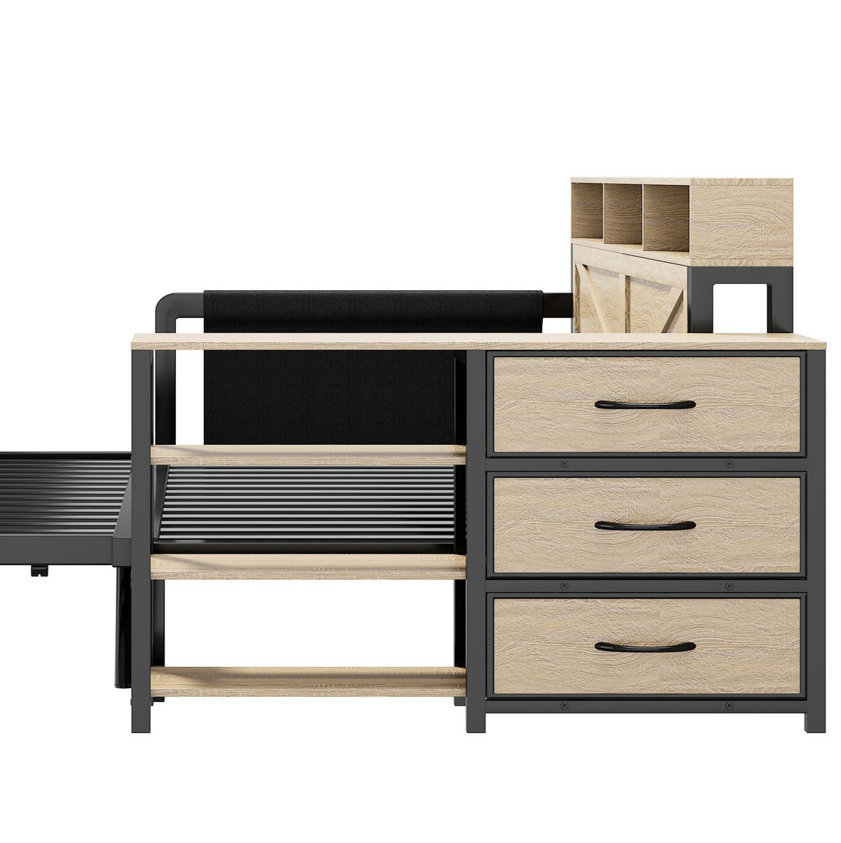 TAGESBETT aus Metall und MDF 90x200 cm Schwarz mit Ausziehbett, LED-Beleuchtung, USB und Stauraum - Schwarz, Holzwerkstoff (90/200cm) - Modfu