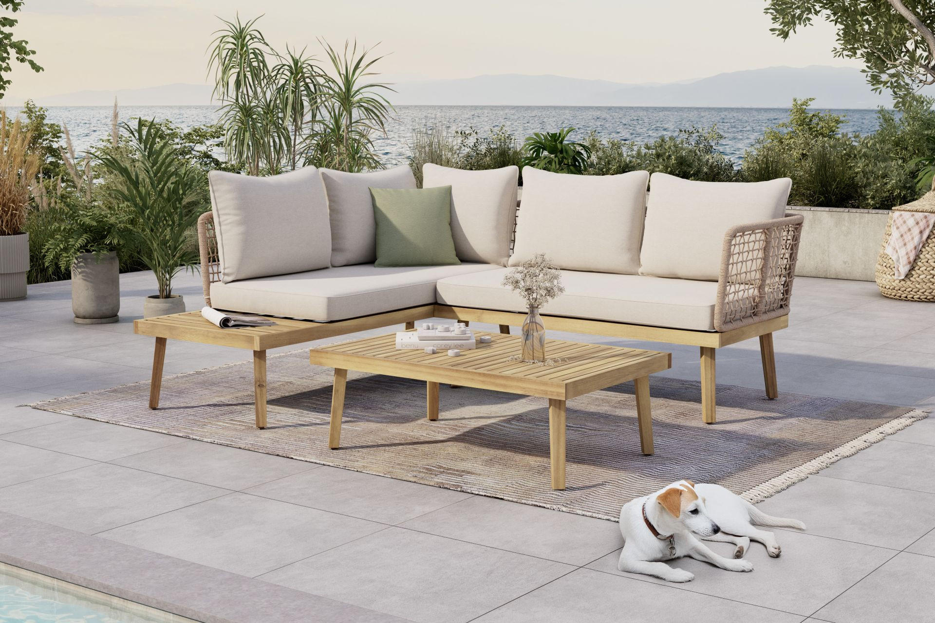 kerti plage inspirációs kép, fa kerti garnitúra, natúr, bézs