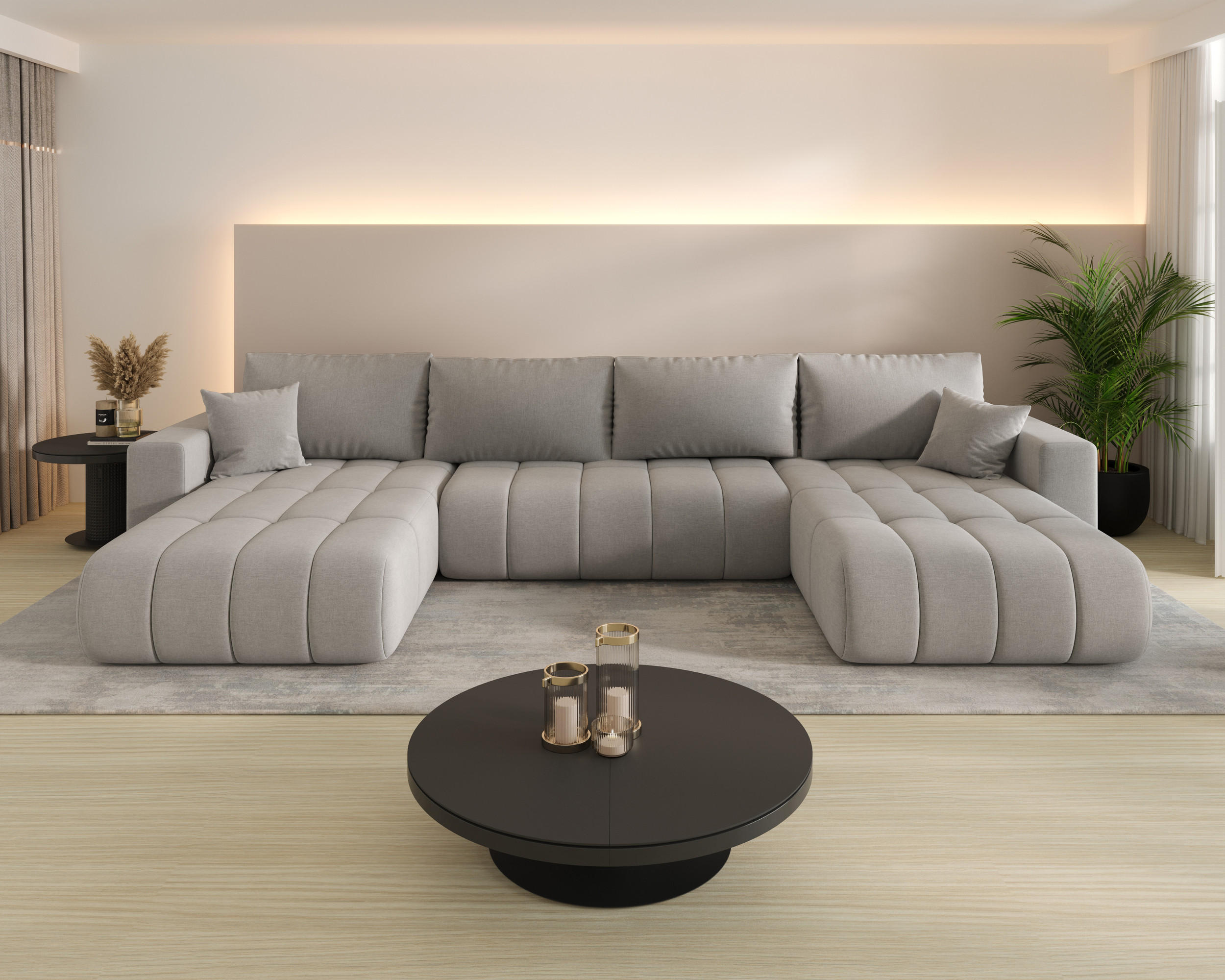 WOHNLANDSCHAFT ARDEN-U Samt mit Schlaffunktion und Bettkasten GRAU - Grau, Textil (384/85/175cm) - Luxkor24