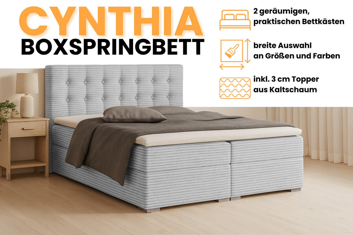 BOXBETT CYNTHIA 200/200 in Cord Hellgrau H4 - Hellgrau, Holz/Holzwerkstoff (200/200cm) - Deine Möbel 24
