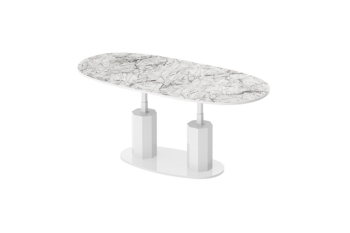 COUCHTISCH Marmor Natur Weiß Hochglanz oval ausziehbar höhenverstellbar - Weiß Hochglanz/Weiß, Holzwerkstoff (80/130/54cm) - designimpex