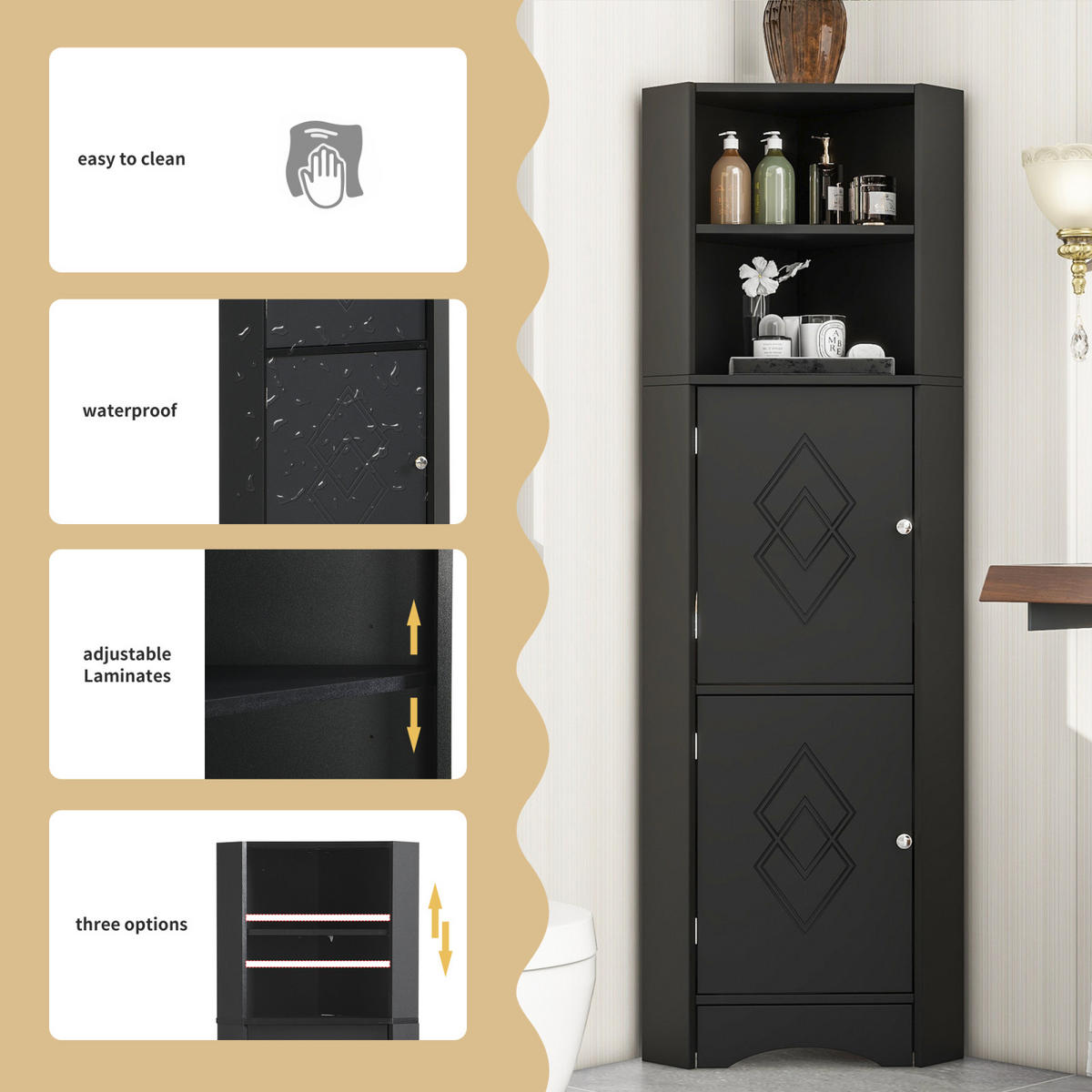 HOCHSCHRANK,BADSCHRANK Schwarz mit Türen offenen Fächern - Schwarz, Holz (36/155/36cm) - PARAFTA HOME