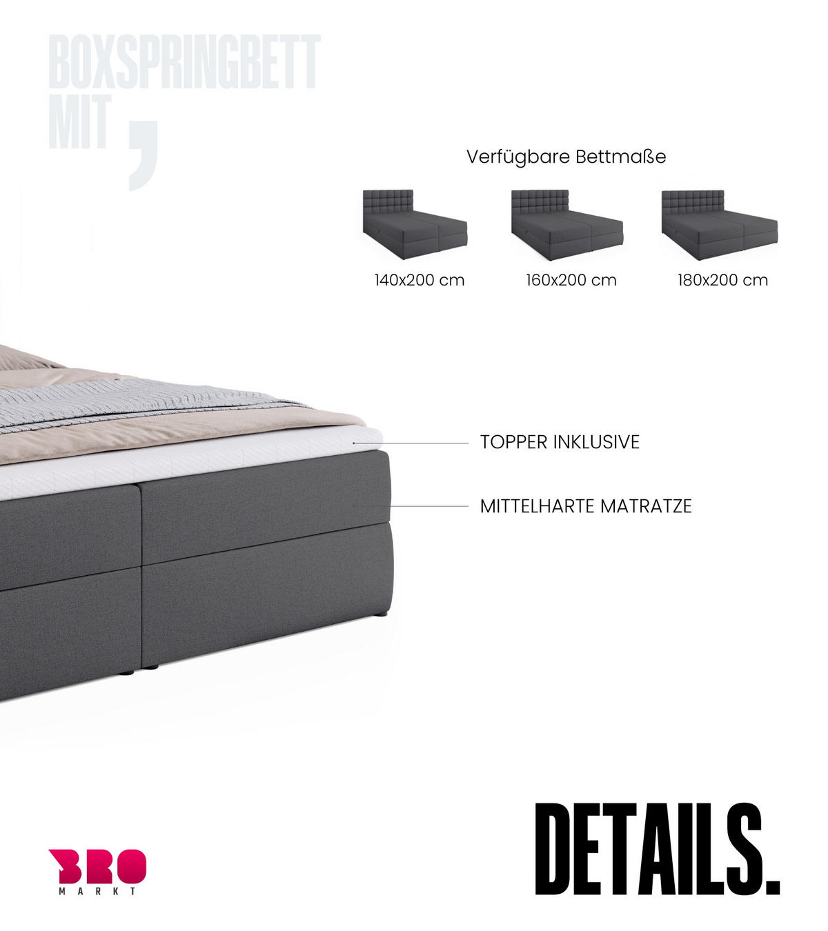 BOXBETT Dakota mit Topper 180/200 Dunkelgrau - Dunkelgrau, Textil (180/200cm) - Bromarkt