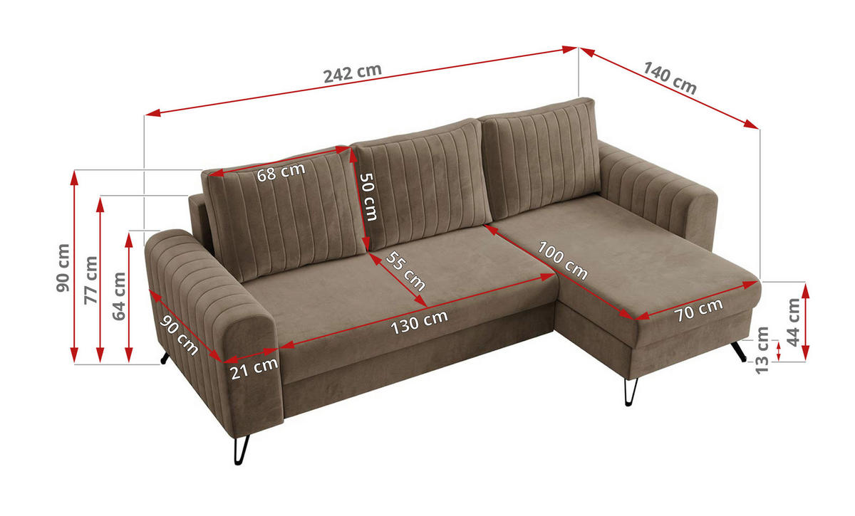 ECKSOFA Axel Velvet Braun - Schwarz/Braun, Textil/Metall (242/140cm) - MKS