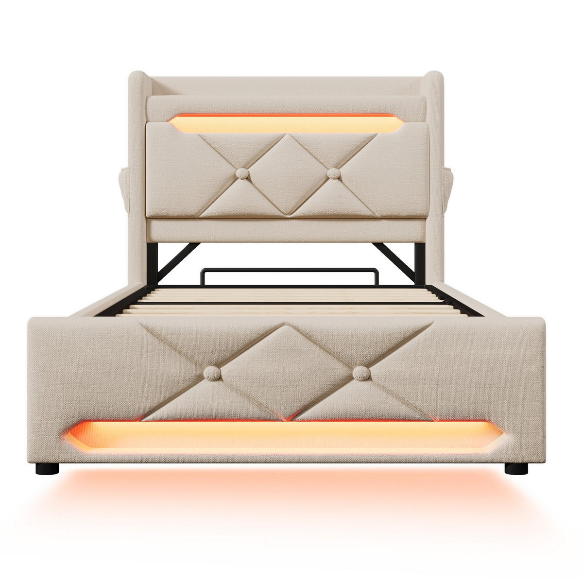 POLSTERBETT mit LED-Beleuchtung 90/200 cm mit Bettkasten und USB-C, Beige - Beige, Textil (90/200cm) - BEAOK