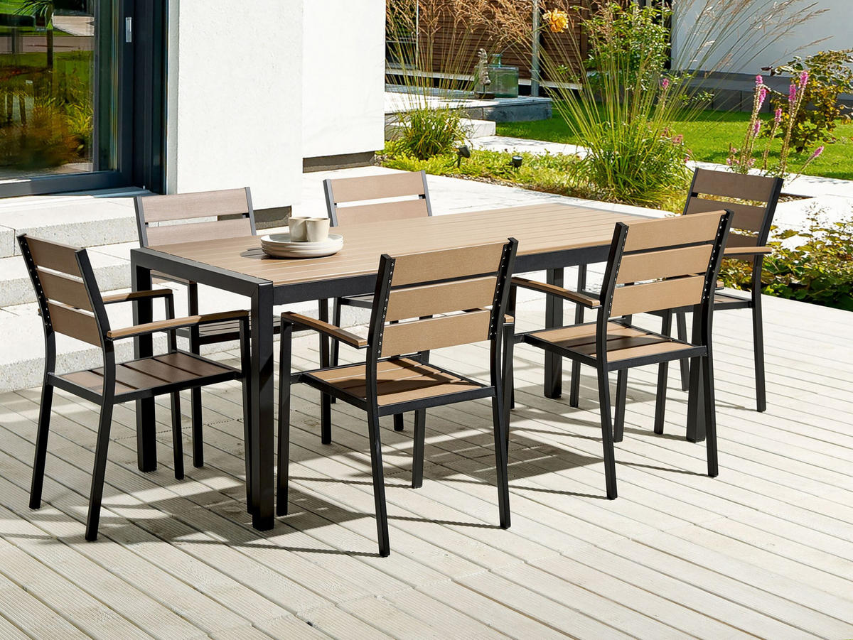GARTENTISCH Aluminium hellbraun/schwarz 180/90 cm Vernio - Hellbraun/Schwarz, Holz (180/90/76cm) - Beliani