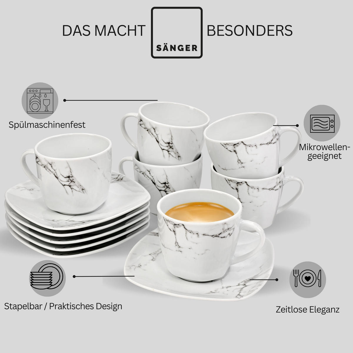 KAFFEETASSEN SET BILGOLA MARMOR DESIGN - 12 teilig aus Porzellan - Weiß, Keramik (14.4/6.6/14.4cm) - Sänger