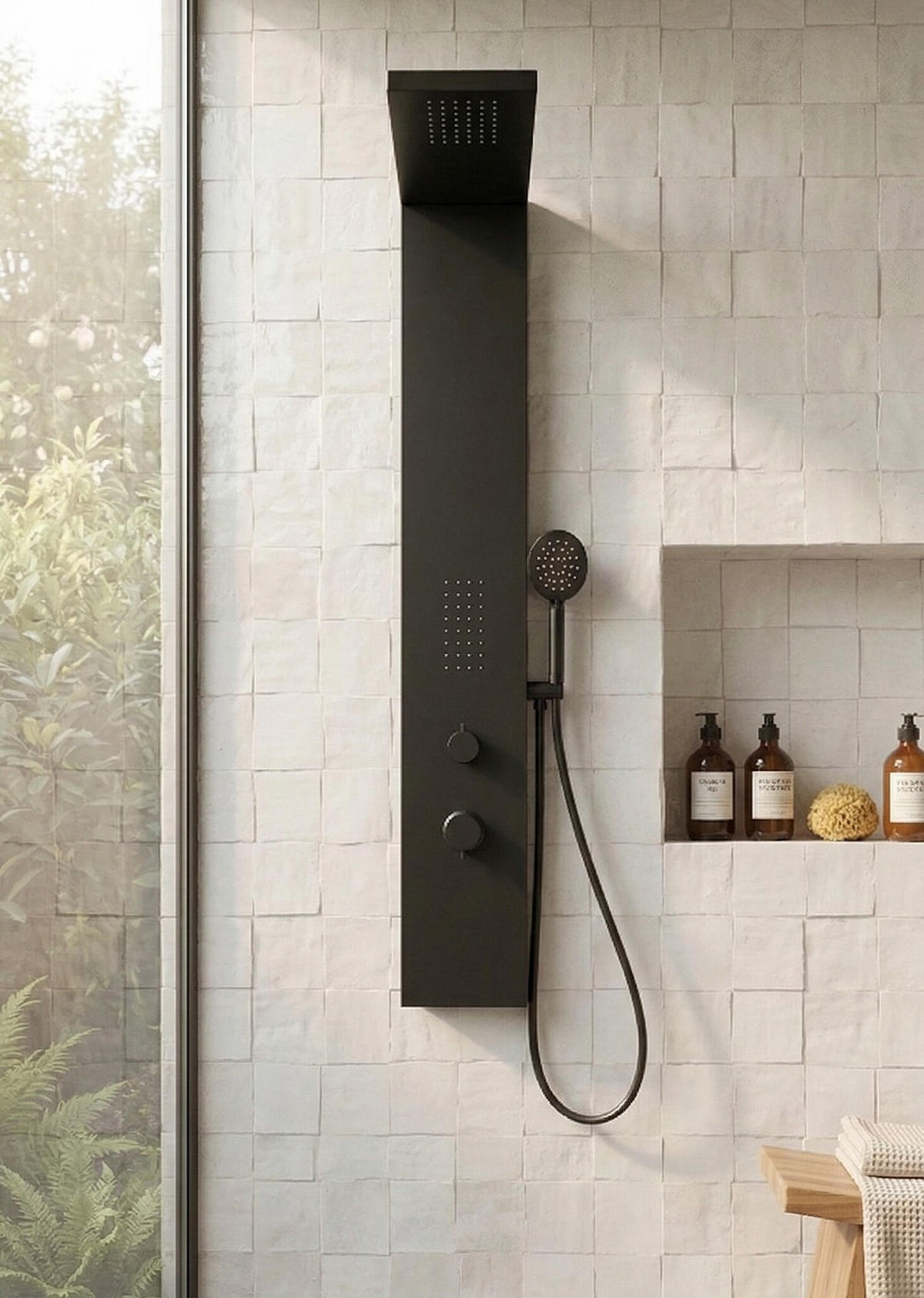 DUSCHPANEEL Savara mit Mischbatterie Schwarz Aluminium 120 x 20 cm - Schwarz, Holz (20/120/7cm) - Badplaats