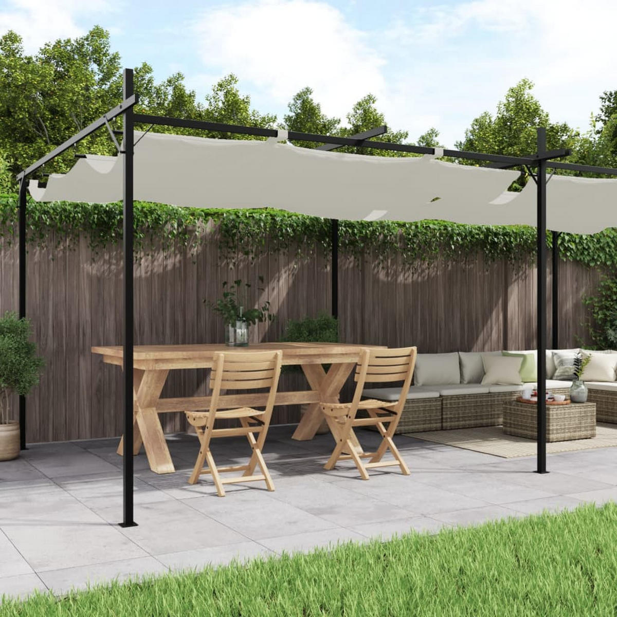 TERRASSENÜBERDACHUNG mit Schiebedach OLIMP | Creme 589x292x230cm | Pergola Garten Pavillon - Creme, Metall (589/230/292cm) - DELUKE