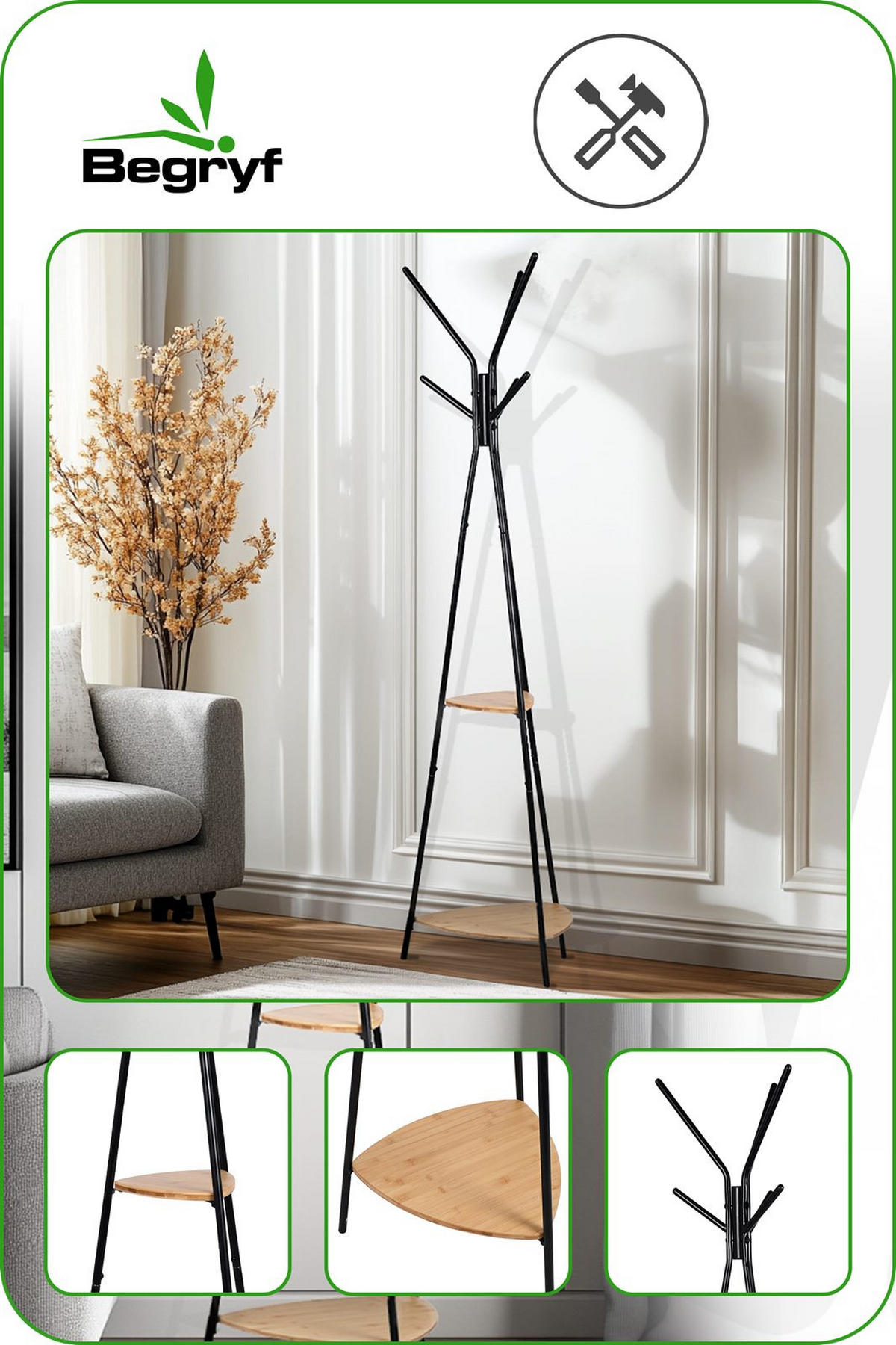 KLEIDERSTÄNDER Bambusoptik Metall Dunkelbraun Schwarz mit Ablagen 179×49 cm - Schwarz/Naturfarben, Holzwerkstoff/Metall (49/179/49cm) - Begryf