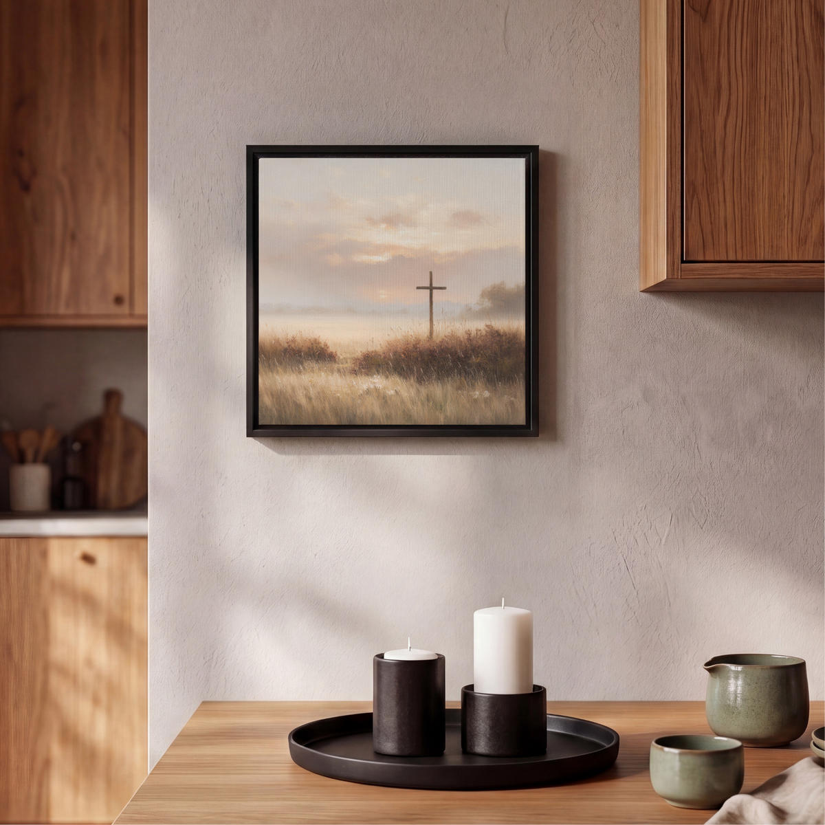 LEINWAND Bilder mit Rahmen - Gras - Morgennebel - Kreuz - Christentum - 20x20 - Beige, Textil (20/20cm) - MuchoWow