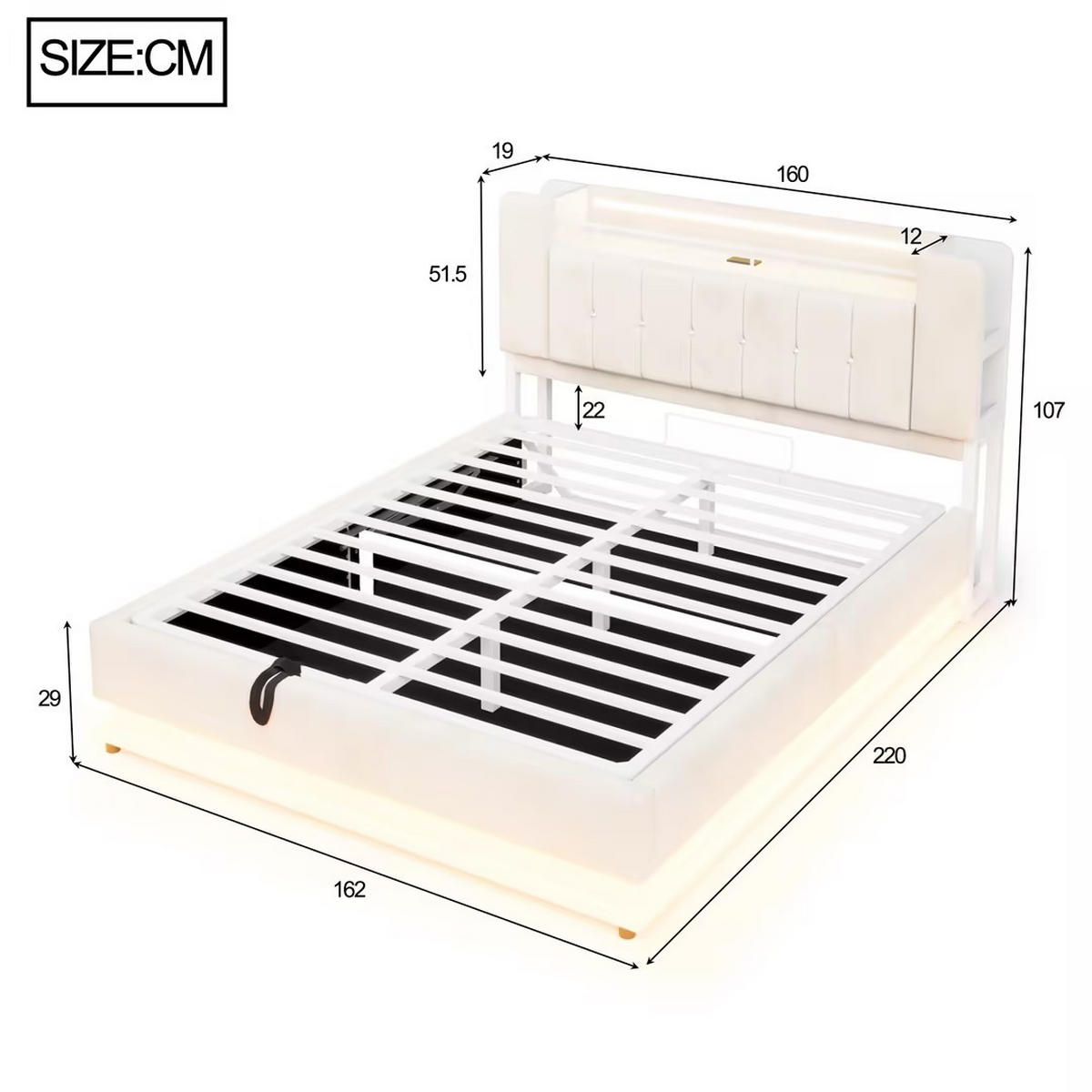 STAURAUMBETT 160/200 cm mit LED und Stauraum, DE-02116, in Beige - Beige, Metall (160/200cm) - ComfortXL