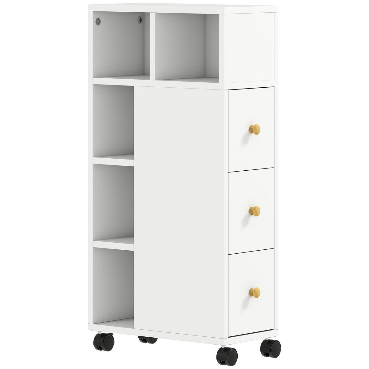 BADEZIMMERSCHRANK Schmal mit 4 Rollen, 3 Schubladen, 5 offenen Fächern, Weiß - Weiß, Holzwerkstoff (20/80/40cm) - HOMCOM