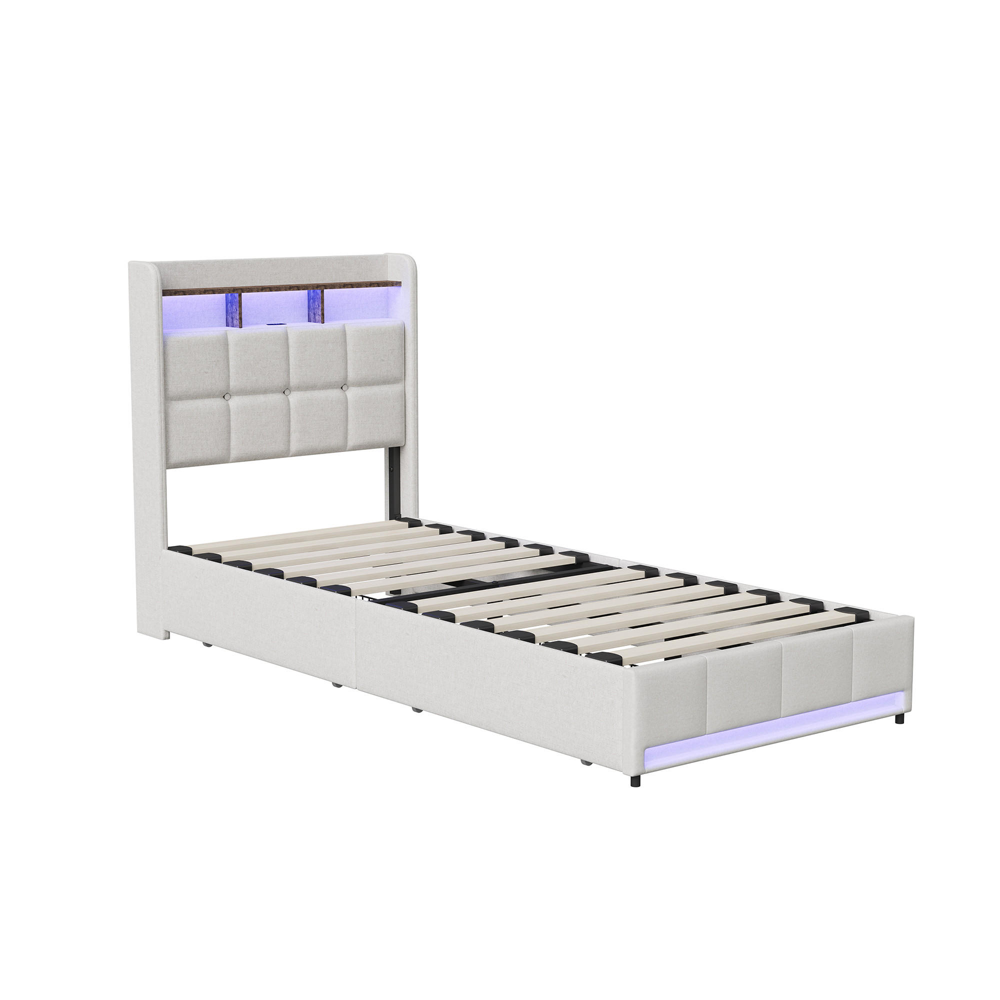 POLSTERBETT 90×200cm Beige, Leinen, 2 Schubladen, USB, LED - Beige, Metall (90/200cm) - SHOPENTRA