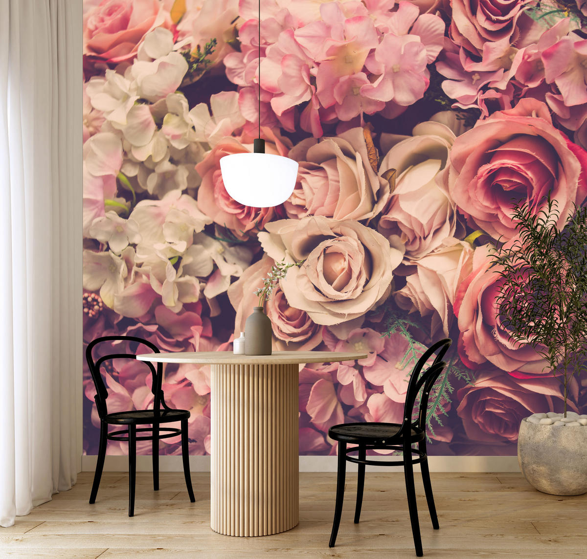 FOTOTAPETE für Schlafzimmer Pinke Rosen Boho Blumen 350x256 - Beige/Violett, Papier (350/256cm) - Muralo