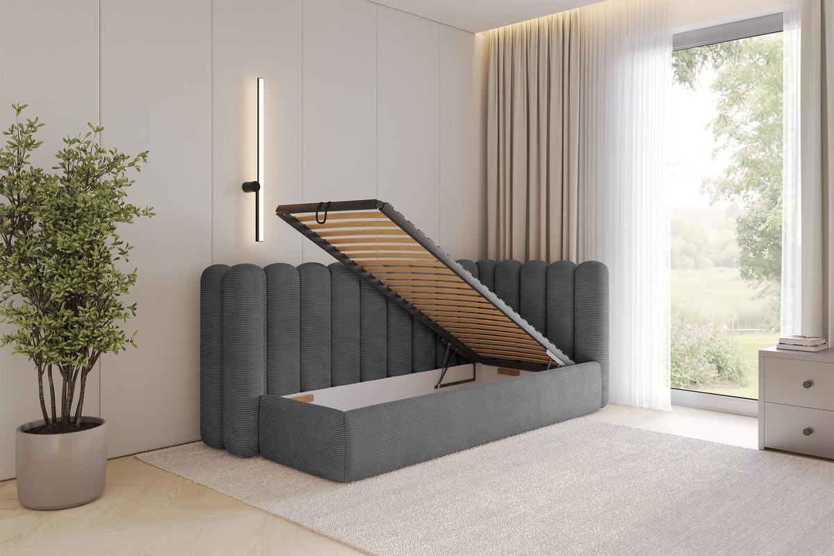 EINZELLBETT Jugendbett mit Bettkasten und Matratze H3/H4, Links - HUGY 100x200 Dunkelgrau - Graphitfarben, Holzwerkstoff/Textil (100/200cm) - ALTDECOR