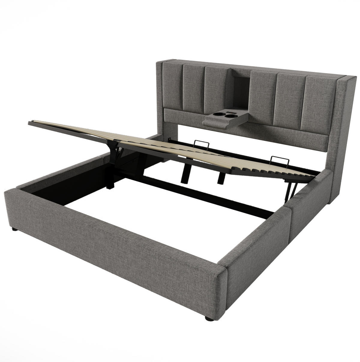 POLSTERBETT 140/200 cm Grau mit Stauraum, Matratze und USB- und Type-C-Anschlüssen - Grau, Textil (140/200cm) - Flora Grace