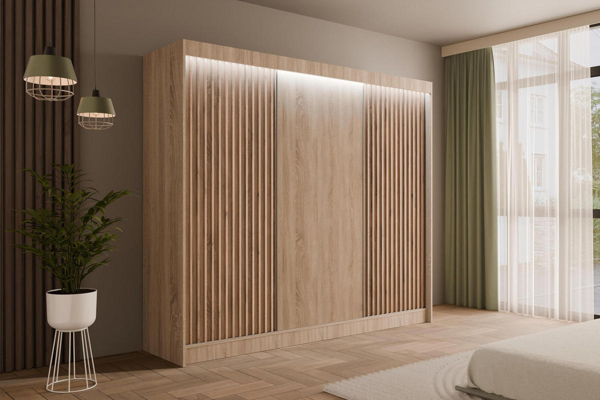 KLEIDERSCHRANK mit LED, Lamel-Schiebetüren VILANv2 - 250 cm Sonoma Eiche + Sonoma Eiche + Lamelle Eiche Wotan - Eiche Wotan/Sonoma Eiche, Holzwerkstoff (250/215/61cm) - ALTDECOR