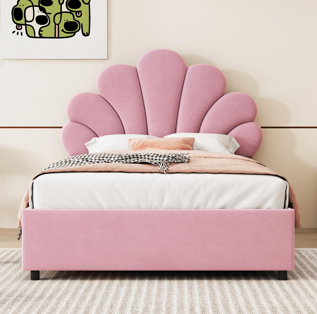 POLSTERBETT 90/200 cm Rosa mit geblümtem Kopfteil und hydraulischem Stauraum aus Samt - Rosa, Textil (90/200cm) - OKWISH