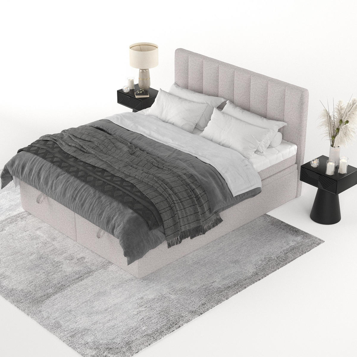 BOXBETT Lume 180/200 cm Beige im Riva Stoff - Beige/Schwarz, Holz/Holzwerkstoff (180/200cm) - AltaBeds