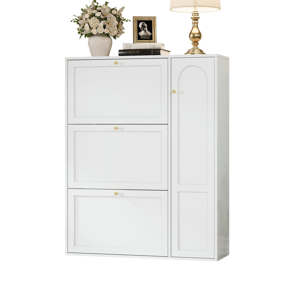 SCHUHSCHRANK 90/25/114 cm weiß aus MDF und Spanplatte mit 3 Klappen und 1 Tür - Weiß, Holzwerkstoff (90/114/25cm) - OKWISH