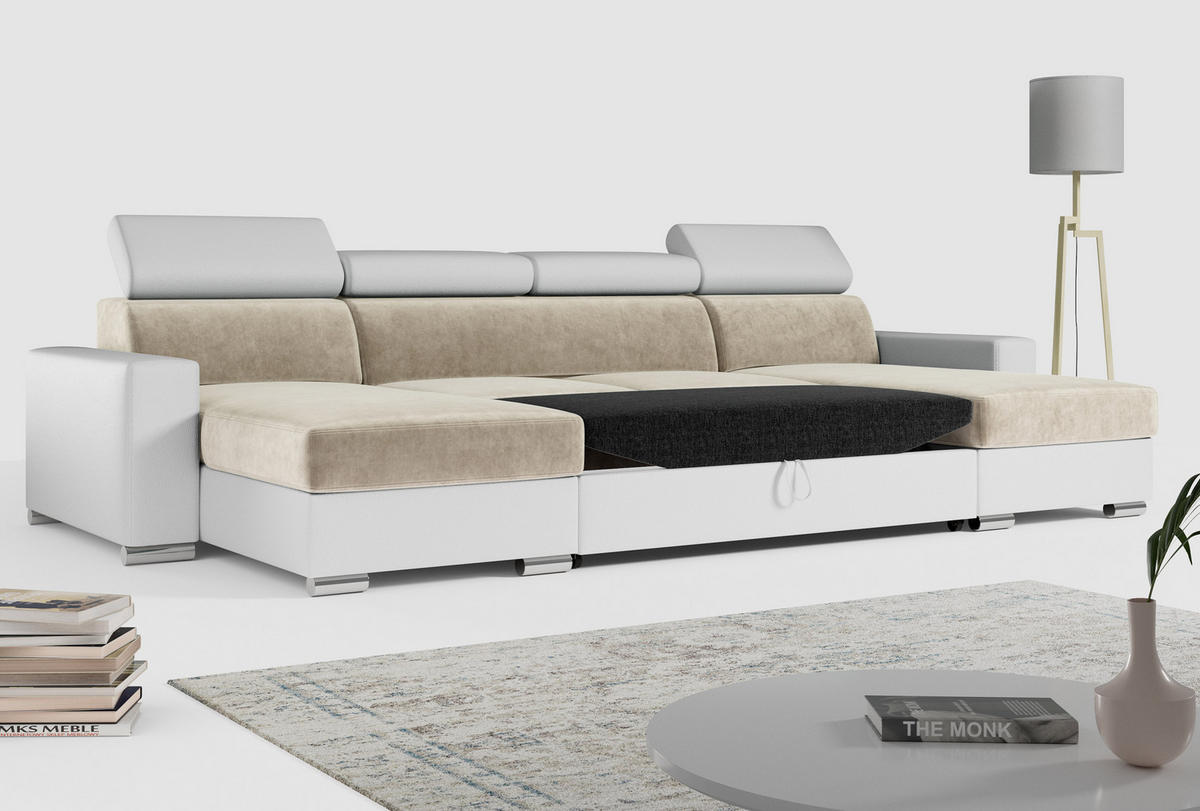 WOHNLANDSCHAFT FOX U Beige/Weiß - Velvet/Kunstleder - Beige/Silberfarben, Kunststoff/Textil (306/98/168cm) - MKS