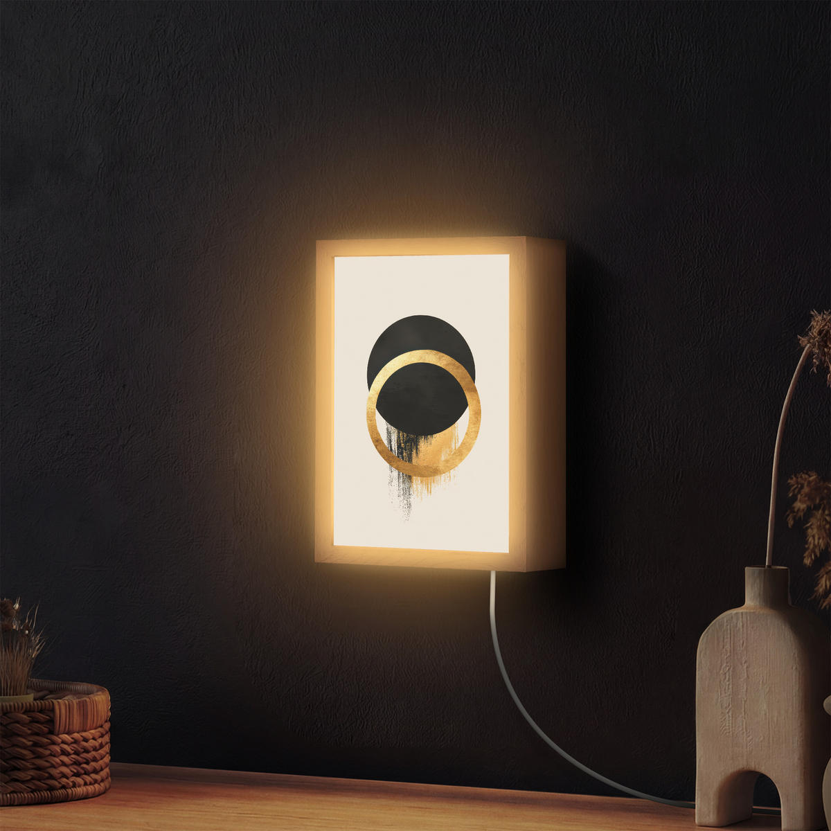 NÁSTĚNNÁ LAMPA Abstraktní design - Černý kruh - Skvrny od barvy 20x30 cm - krémová, kompozitní dřevo (20/30/8cm) - OnlyWow