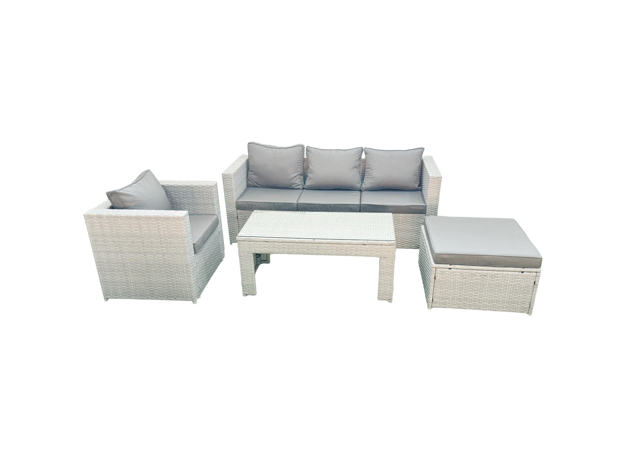 GARTENSET mit 3-SITZER SOFA,COUCHTISCH Polyrattan Hellgrau-Mix 5-Sitzer - Hellgrau/Grau, Glas/Kunststoff - Fimous