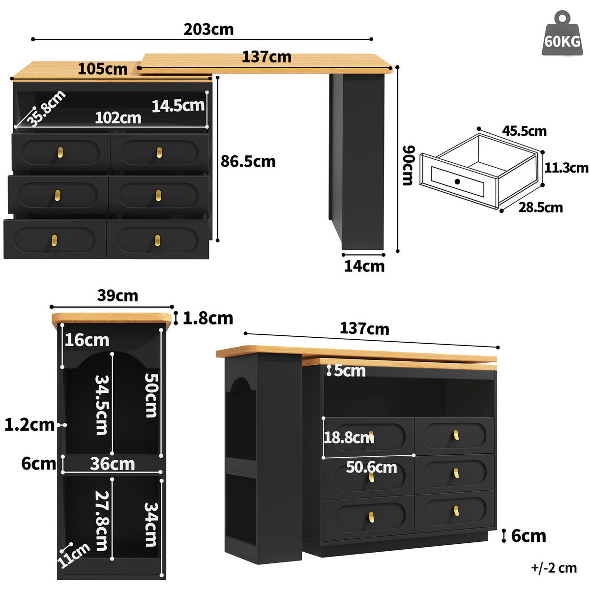 BARTISCH, MDF ausziehbar & drehbar mit Stauraum, 137-203/39/90 cm, Schwarz - Schwarz, Holzwerkstoff (39/90/137cm) - Redom