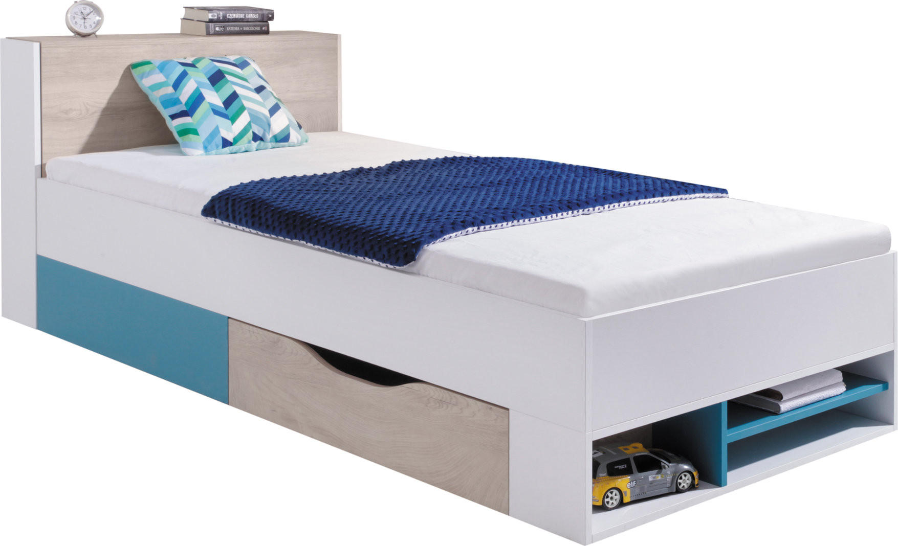 JUGENDBETT Spuki in Weiß, Eiche & Meerblau – Jugendbett 90x200cm - Weiß, Holzwerkstoff