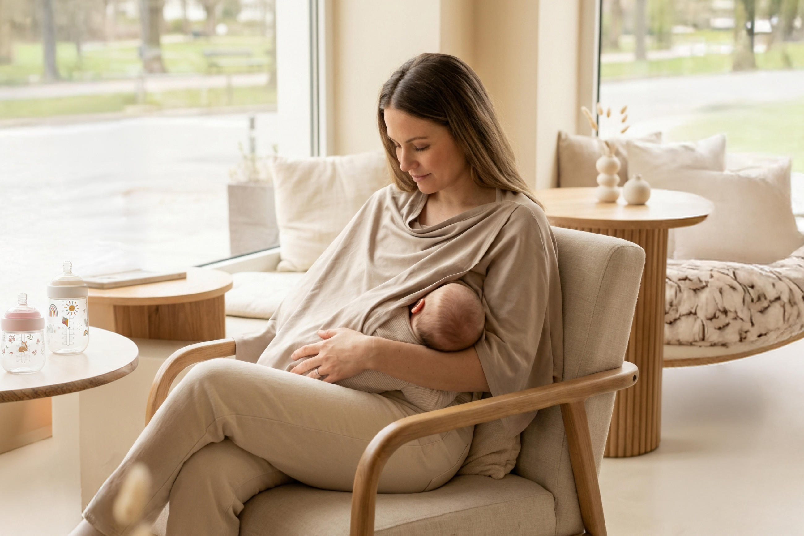 Eine Frau sitzt im Wohnzimmer auf einem Holzstuhl mit Polster und stillt ein Baby. Das Baby liegt in ihrem Arm und ist von einem Tuch bedeckt. Im Hintergrund stehen ein runder Holztisch mit zwei Babyflaschen und eine gepolsterte Liege mit Kissen.