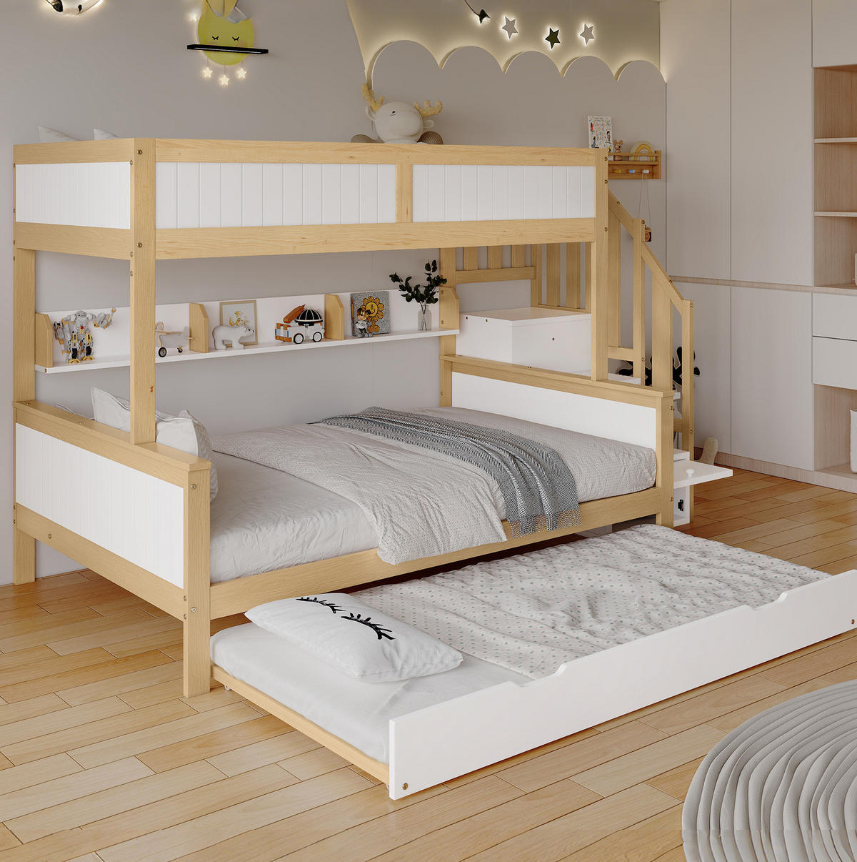 ETAGENBETT 90/200 cm & 120/200 cm mit Rollbett, Ecktreppe, Kleiderschrank und Fallschutz, Kiefer/MDF, Weiß/Natur - Weiß, Holzwerkstoff (90/200cm) - Redom