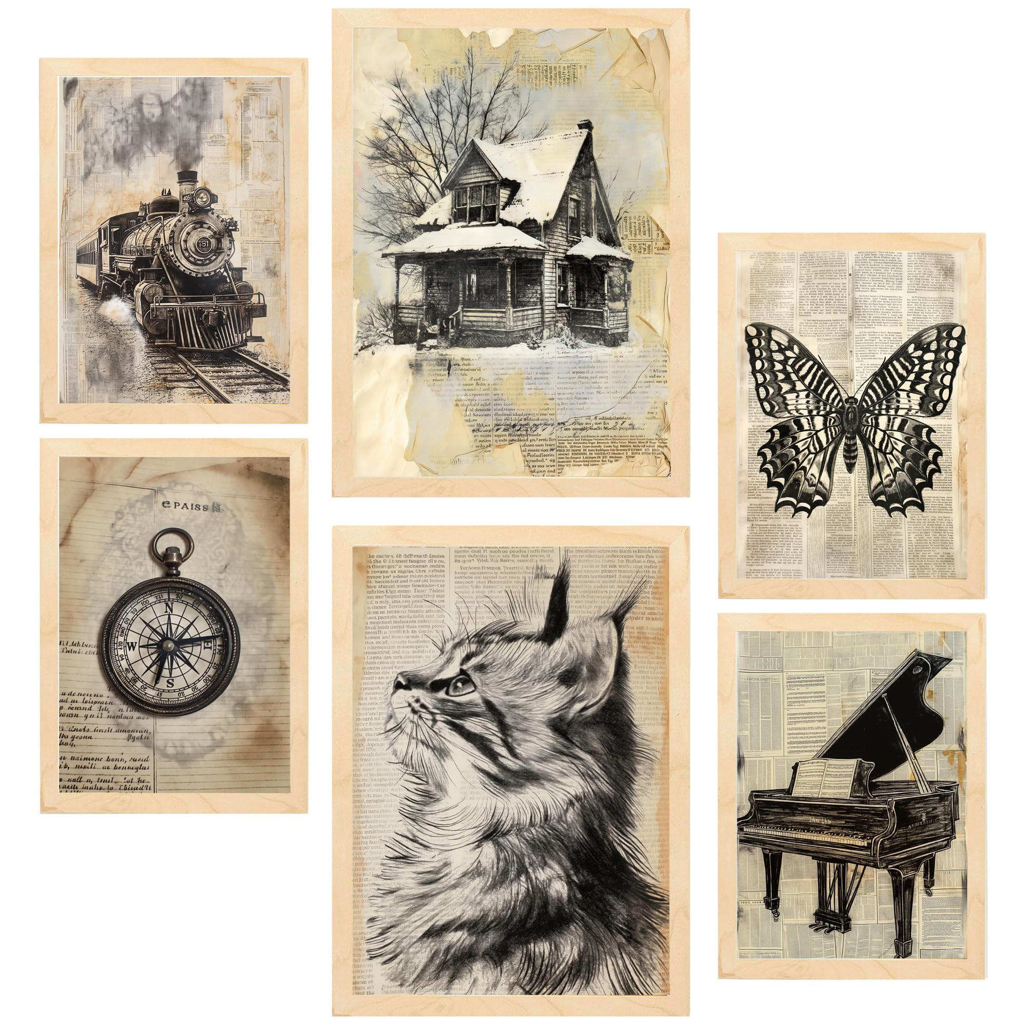 POSTER Set Mit 6 Vintage Lebens A3 & A4 Rahmen Aus Hellem Holz - Beige, Papier (29/3cm) - Nacnic