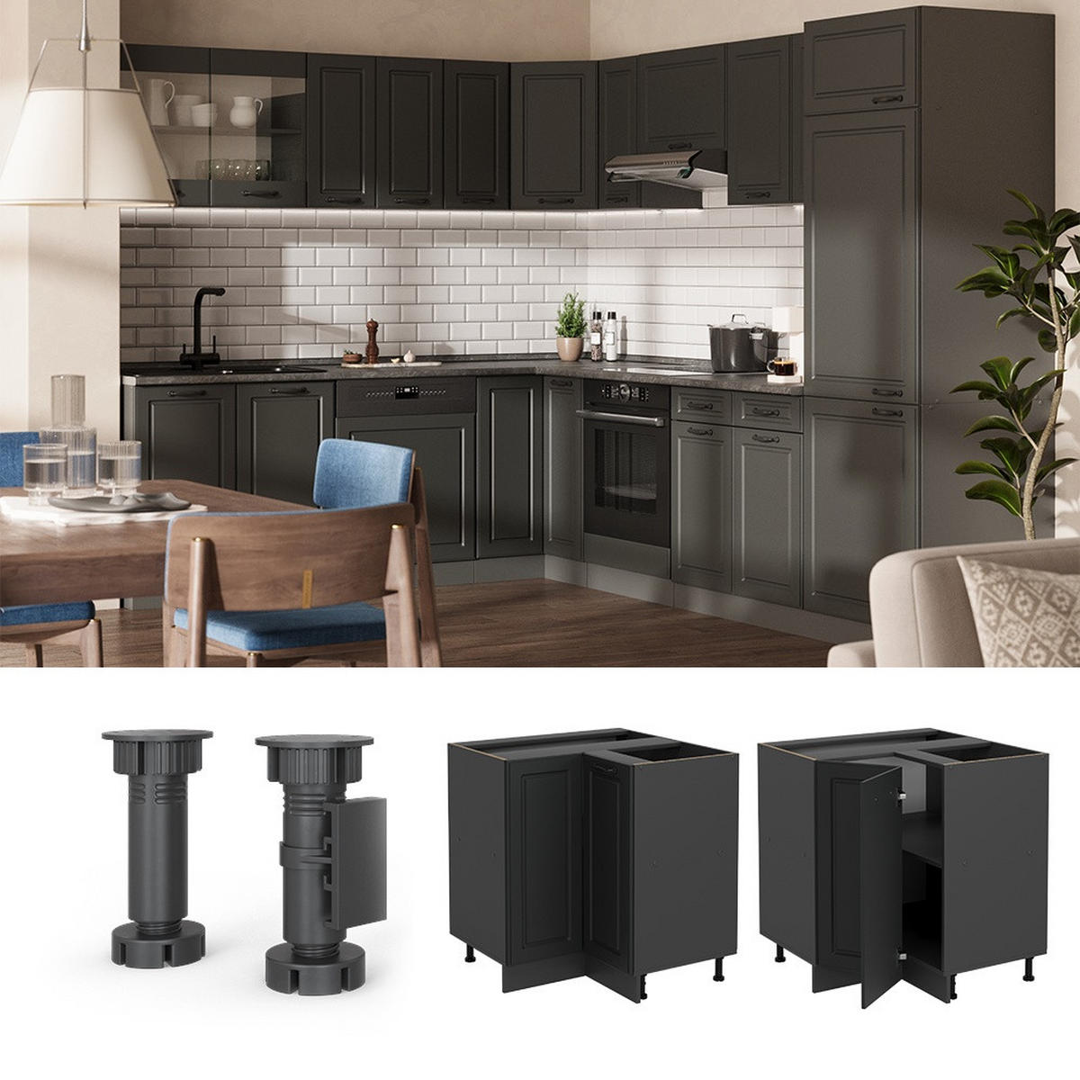ECKUNTERSCHRANK R-Line Anthrazit Landhaus 75.6 cm AP Marmor - Anthrazit, Holzwerkstoff (75.6/81.6/60cm) - Vicco