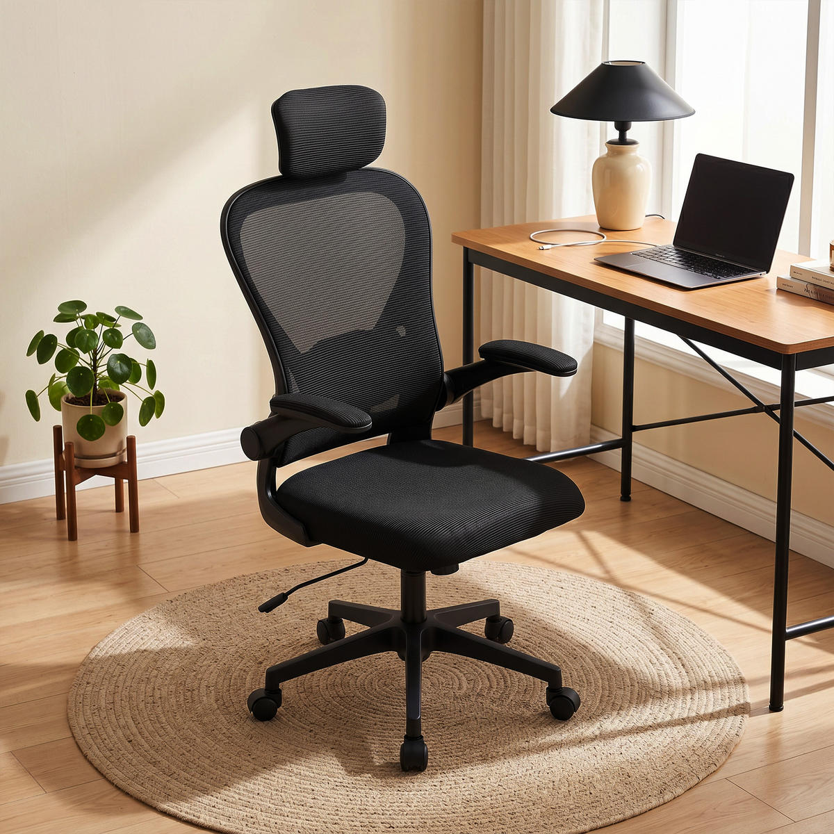 BÜROSTUHL Ergonomischer Schreibtischstuhl mit Hochklappbaren Armlehnen, Verstellbarer Lendenwirbelstütze Schwarz - Schwarz, Textil (63/125/64cm)