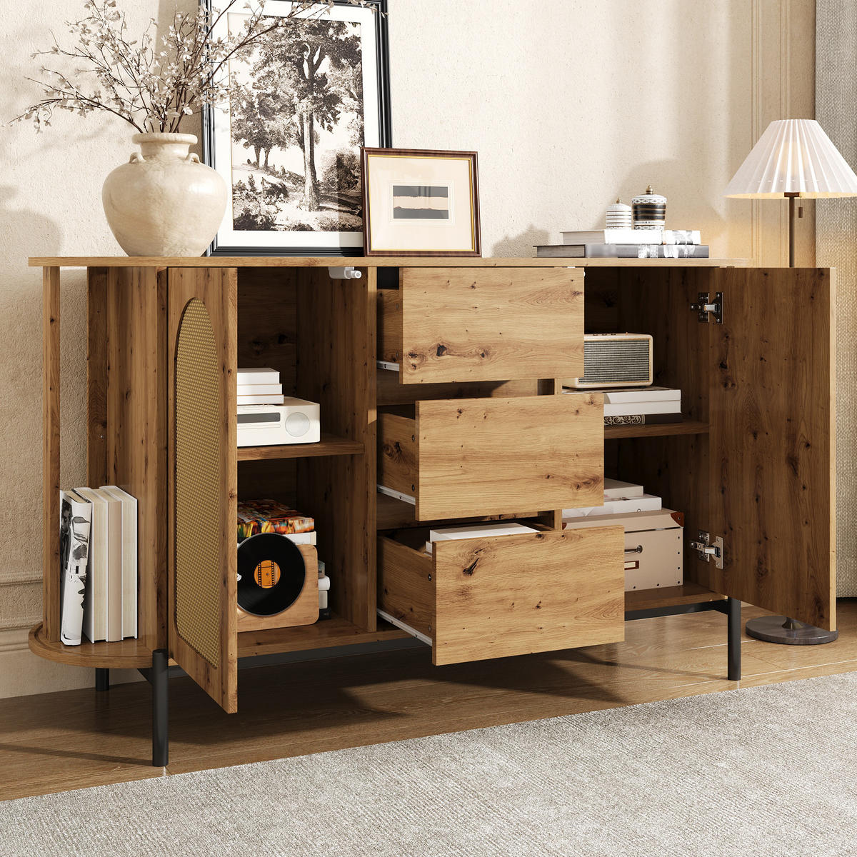 SIDEBOARD oval Rattan Holzoptik - Naturfarben, Holzwerkstoff (140/77.5/38cm)