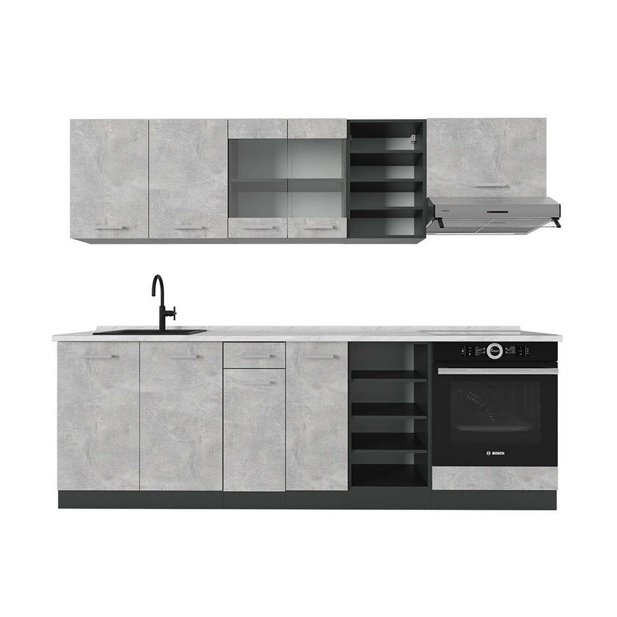 KÜCHENZEILE R-Line Beton/Anthrazit 240 cm , AP Marmor - Schieferfarben/Anthrazit, Holzwerkstoff (240/81.6/60cm) - Vicco
