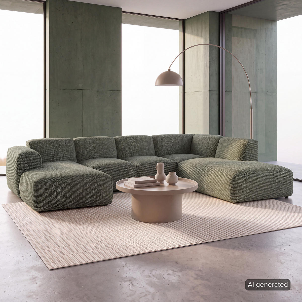 WOHNLANDSCHAFT mit Longchair - Schwarz/Grün, Kunststoff/Textil (325/71/235cm) - home24