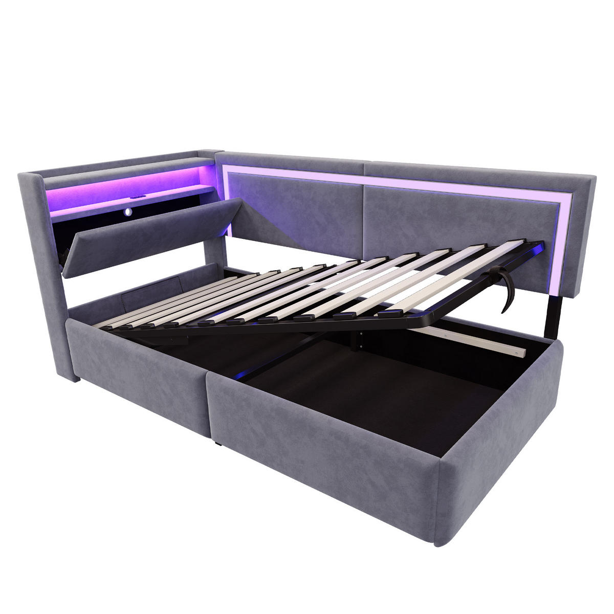 POLSTERBETT 90/200 cm grau aus Samt mit LED und USB Stauraum - Grau, Textil (90/200cm) - OKWISH