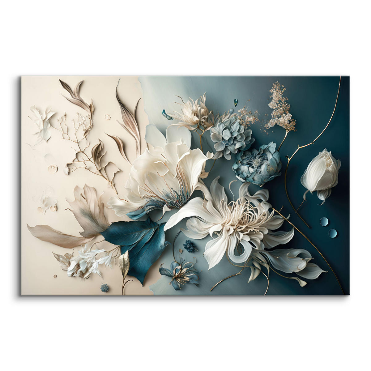 LEINWANDBILD Abstrakte Blumen Pflanzen 3D Effekt 120x80cm - Blau/Beige, Textil (120/80cm) - Muralo