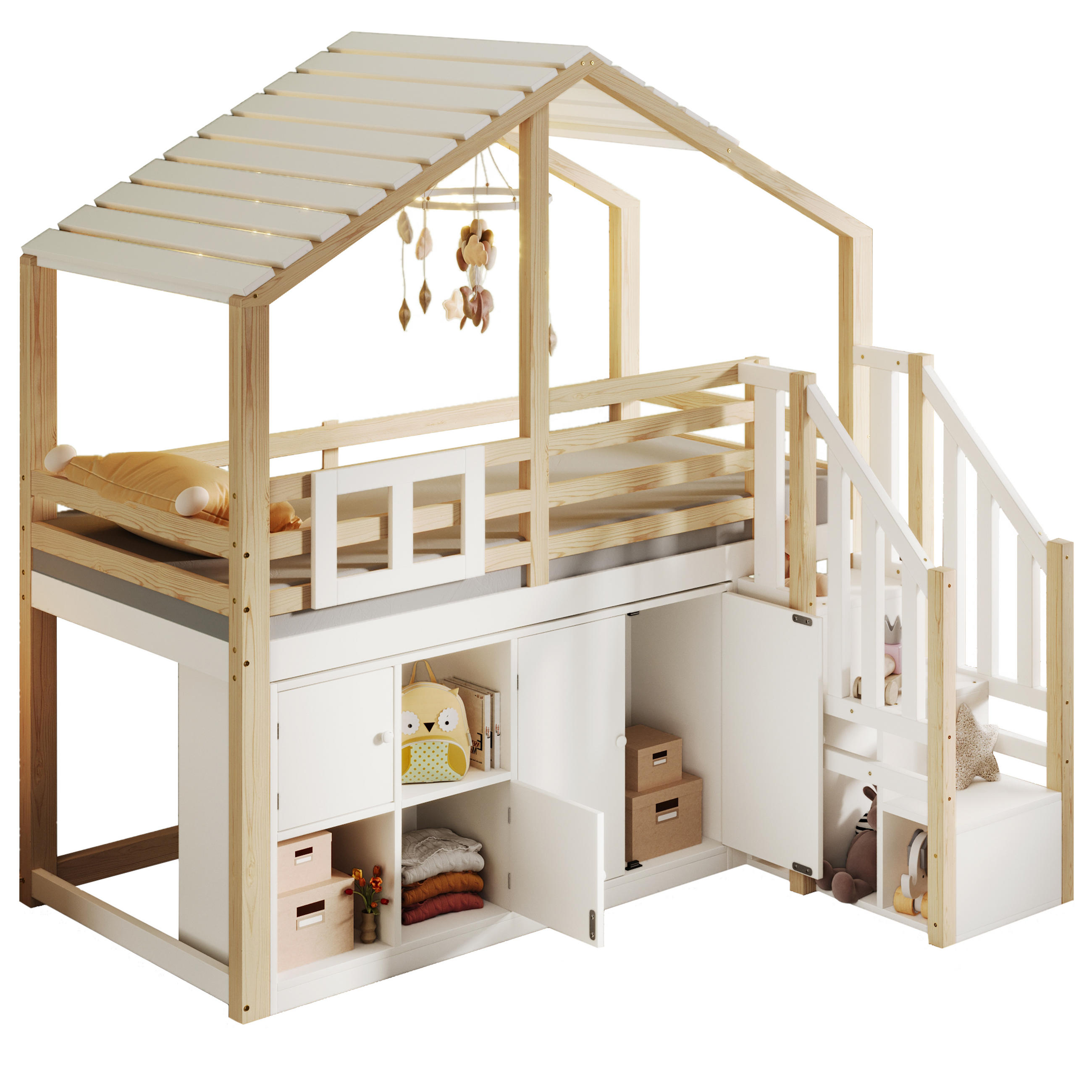 HOCHBETT 90/200 cm Hausform mit Stauraumleiter in Weiß + Natur - Weiß, Holz (90/200cm) - OKWISH